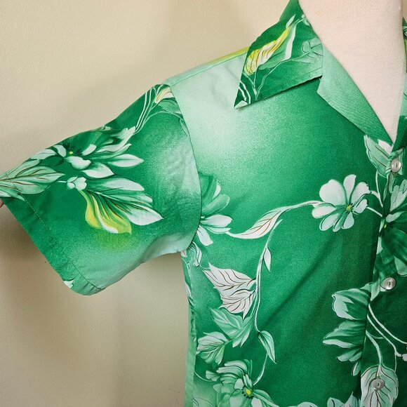Vintage 70s Hawaiian Polyester Tropical Beach Summer Button Front Shirt Green S - Picture 3 of 5